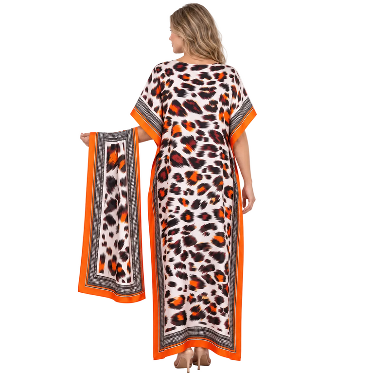 Coral Red Leopard Silk Satin Kaftan-4