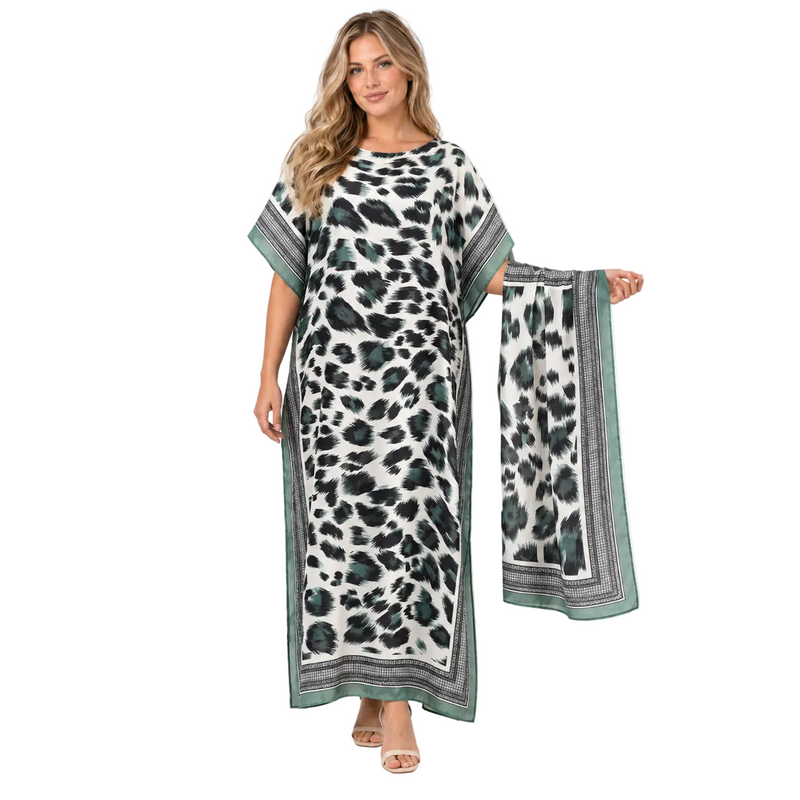 Light Green Leopard Silk Satin Kaftan-1