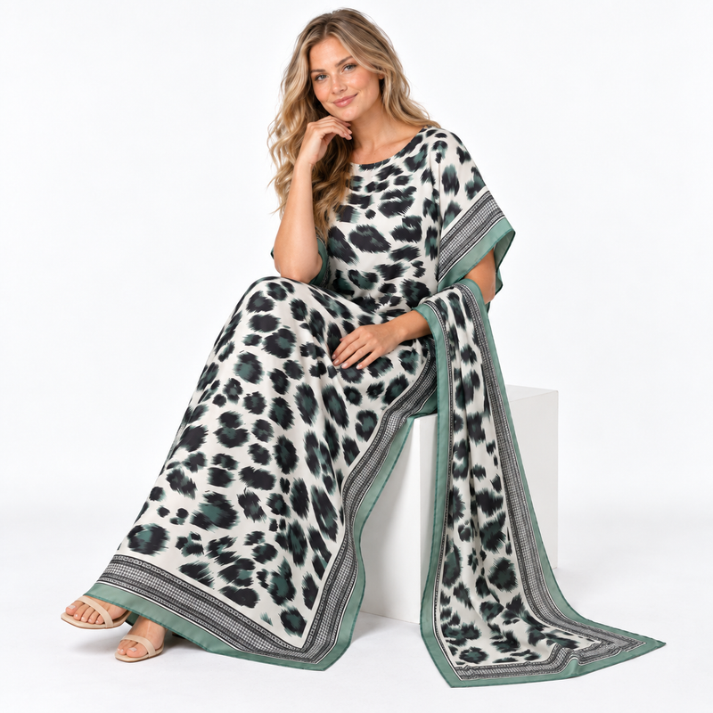 Light Green Leopard Silk Satin Kaftan-3