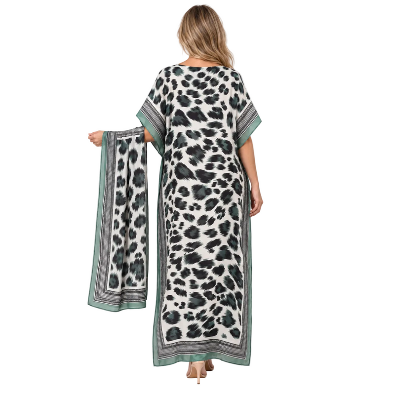Light Green Leopard Silk Satin Kaftan-4