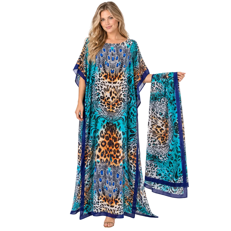 Emerald Green Animal Printed Silk Satin Kaftan-1