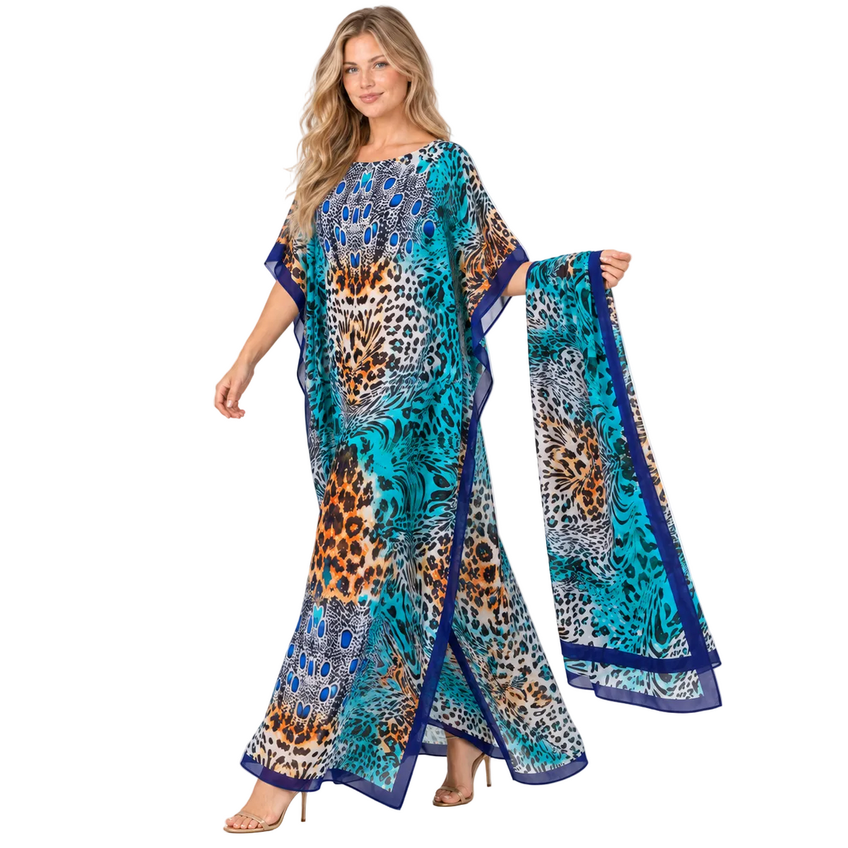 Emerald Green Animal Printed Silk Satin Kaftan-3