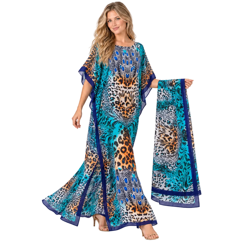 Emerald Green Animal Printed Silk Satin Kaftan-2