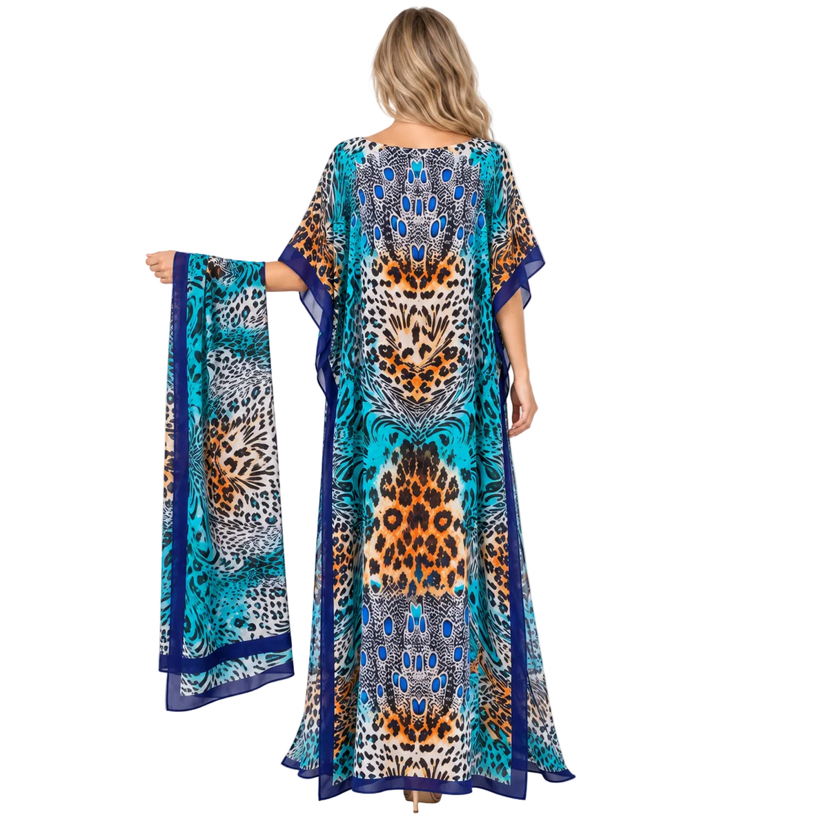 Emerald Green Animal Printed Silk Satin Kaftan-4