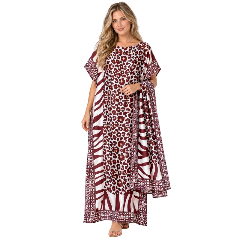 Brown Leopard Print Silk Satin Kaftan-1