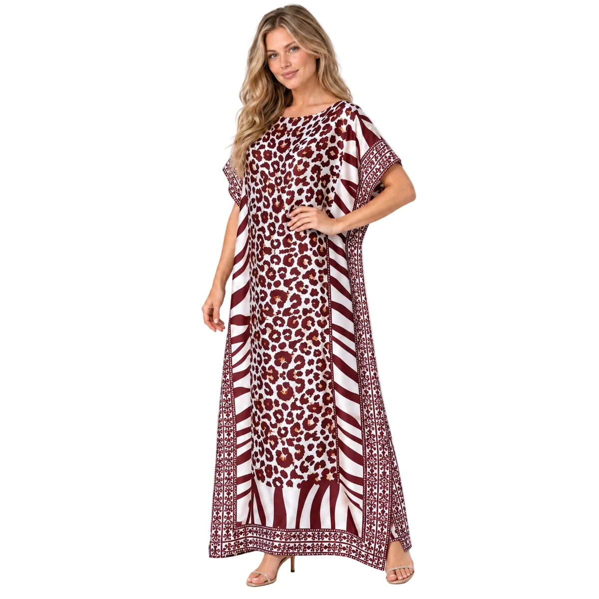 Brown Leopard Print Silk Satin Kaftan-3