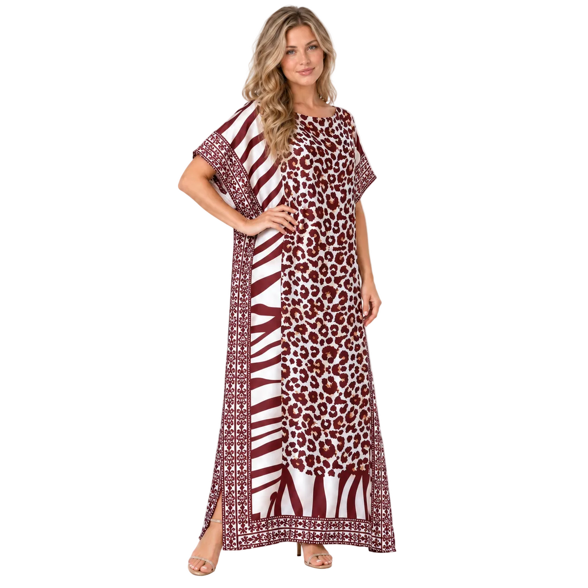 Brown Leopard Print Silk Satin Kaftan-2