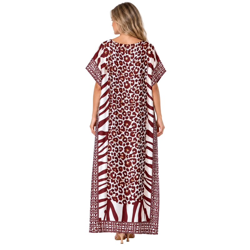 Brown Leopard Print Silk Satin Kaftan-4
