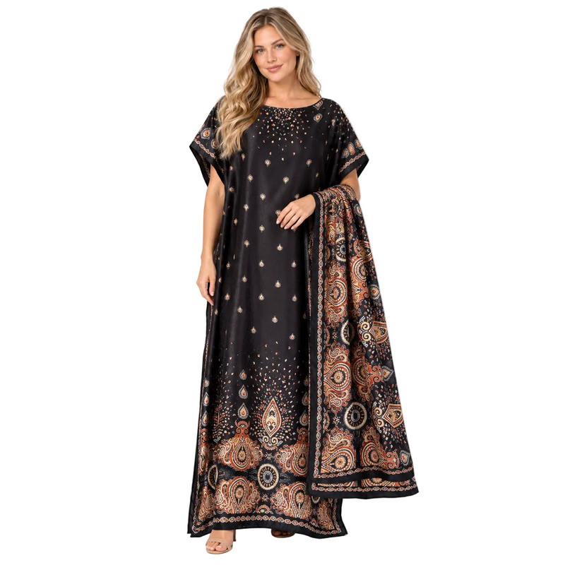 Black Paisley Print Silk Satin Kaftan-1