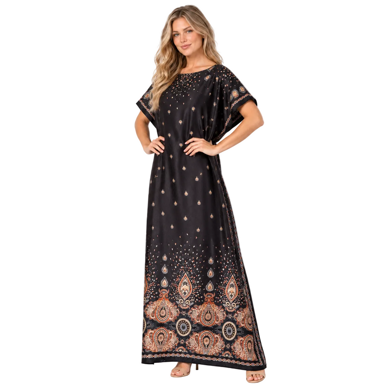 Black Paisley Print Silk Satin Kaftan-2