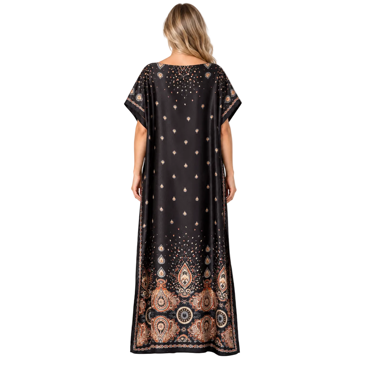 Black Paisley Print Silk Satin Kaftan-4