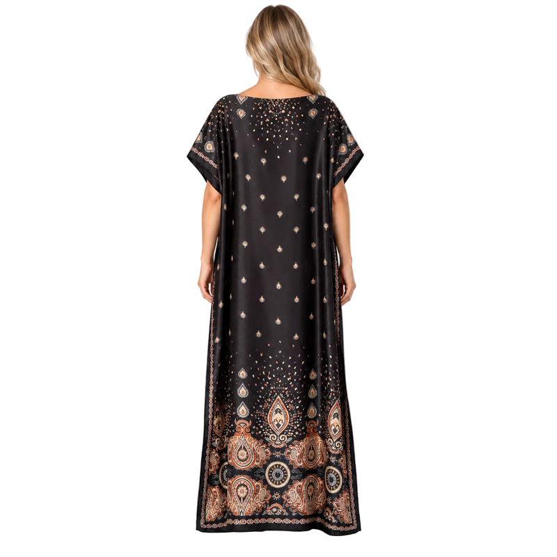 Black Paisley Print Silk Satin Kaftan-4