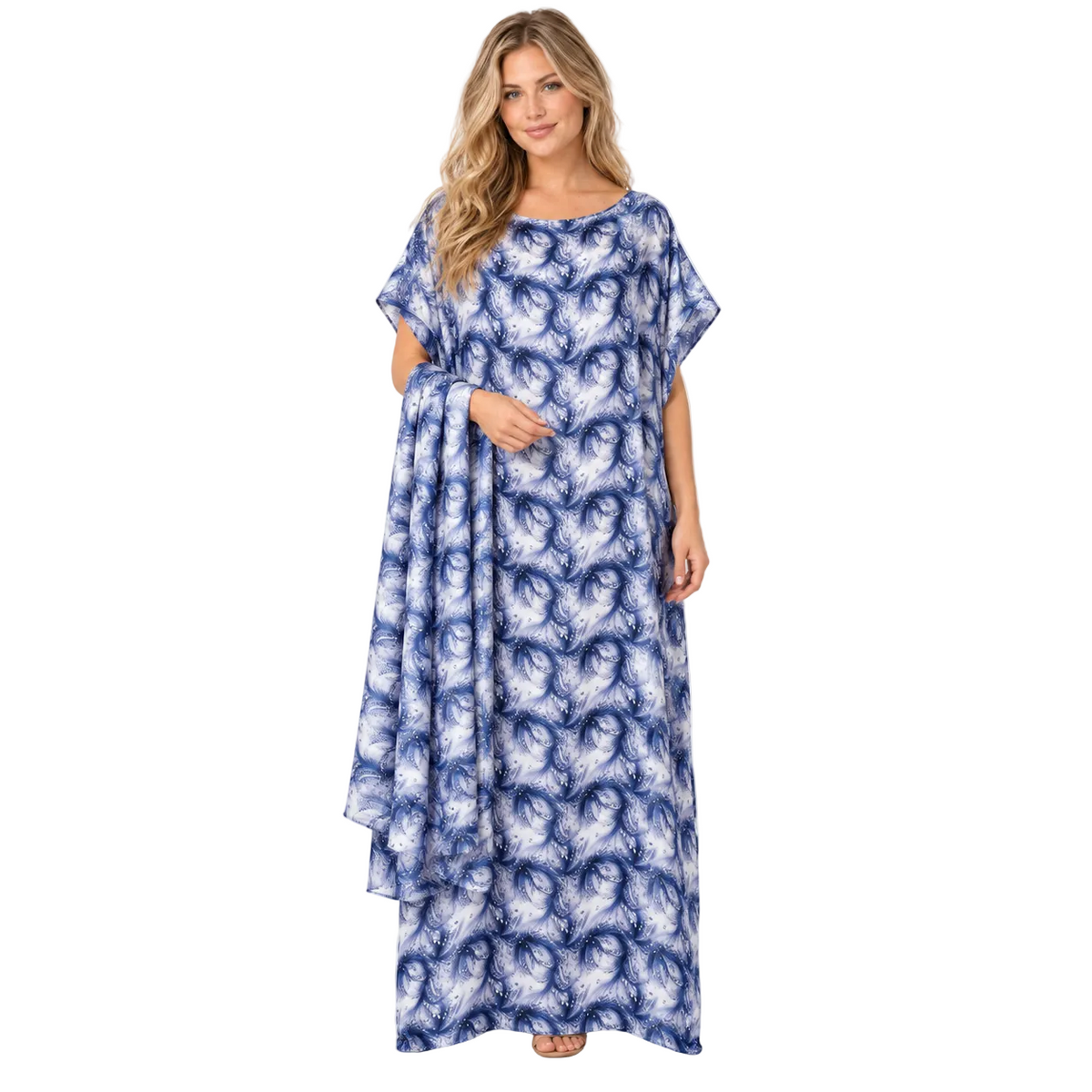 Blue Abstract Print Silk Satin Kaftan-1