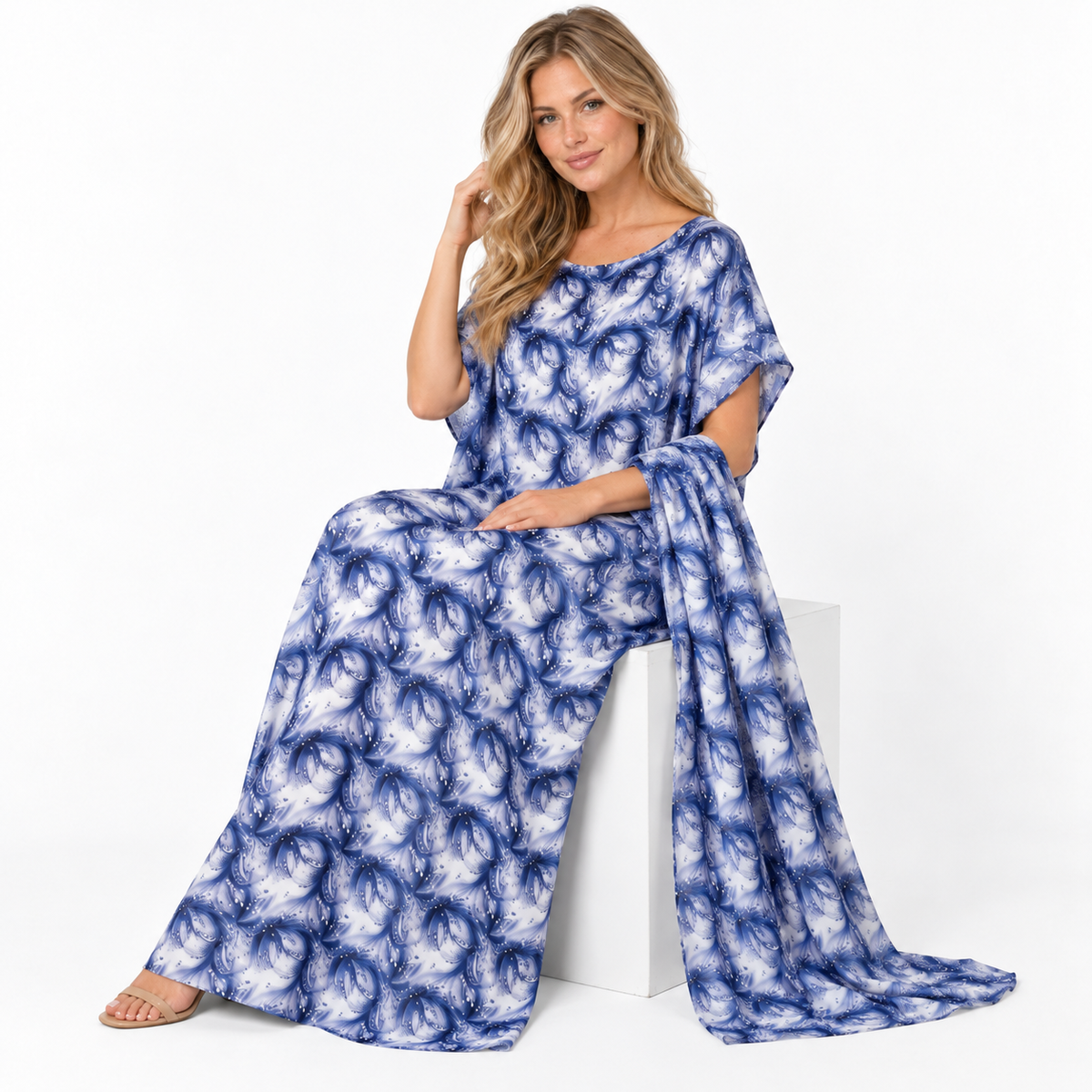 Blue Abstract Print Silk Satin Kaftan-2