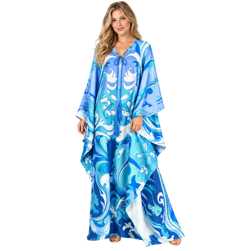 Ocean Blue Printed Silk Satin Kaftan-1