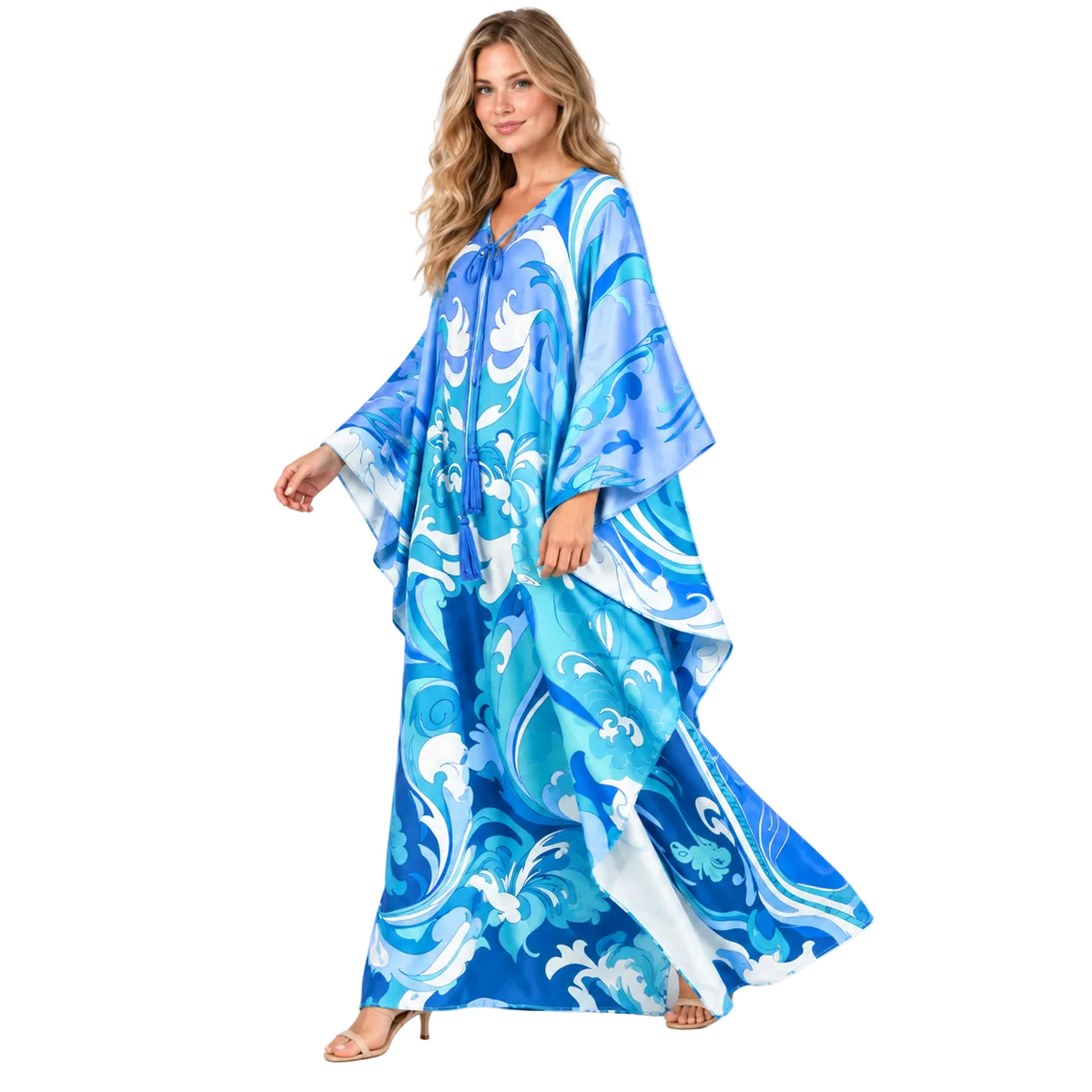 Ocean Blue Printed Silk Satin Kaftan-3
