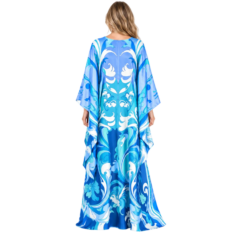 Ocean Blue Printed Silk Satin Kaftan-4
