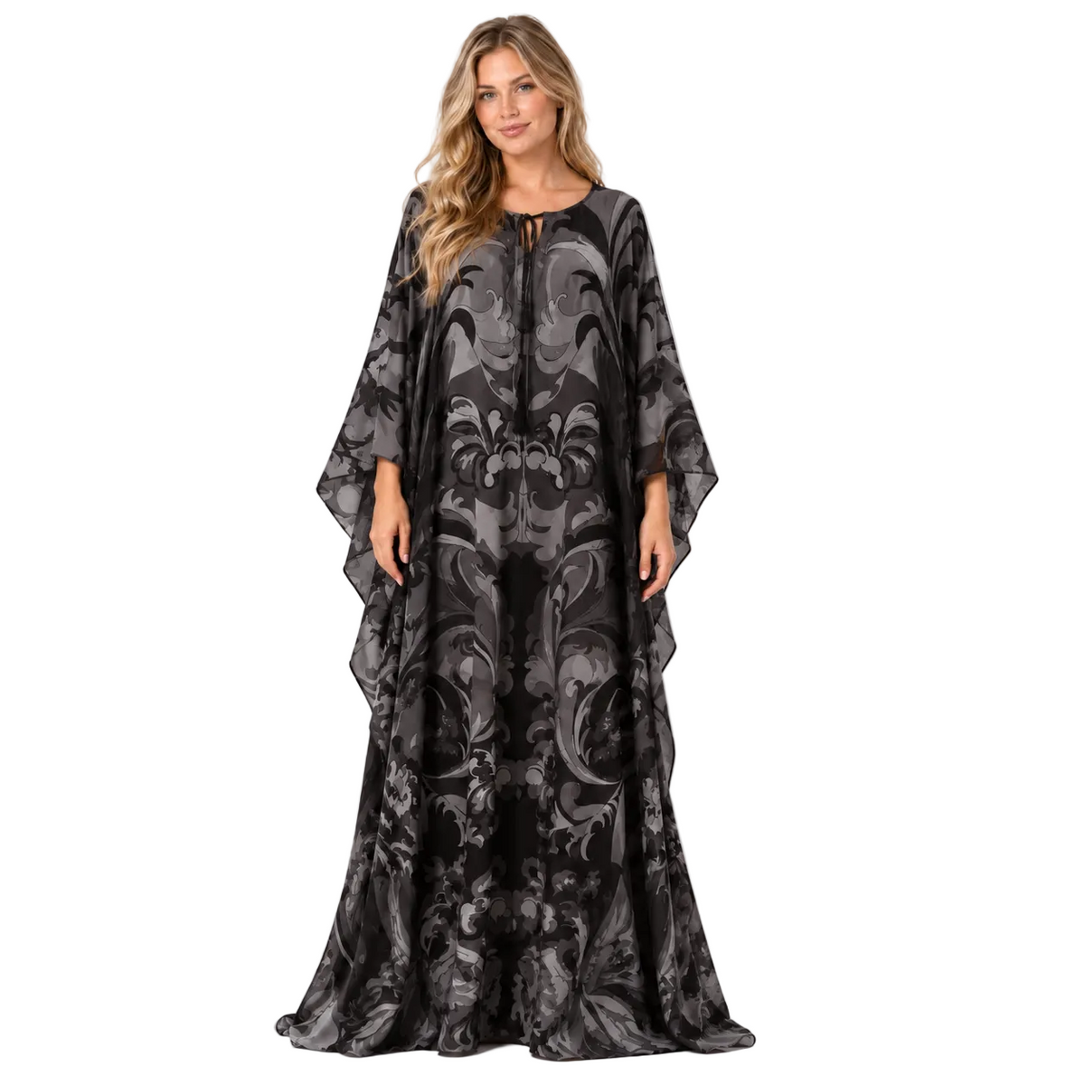 Black Floral Print Silk Satin Kaftan-1