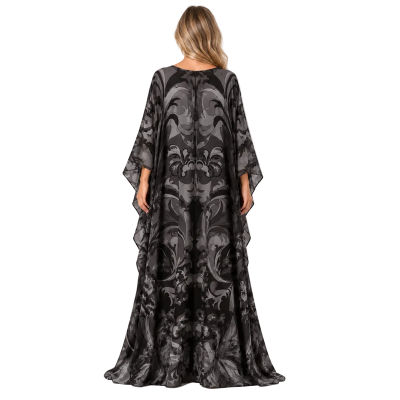 Black Floral Print Silk Satin Kaftan-4