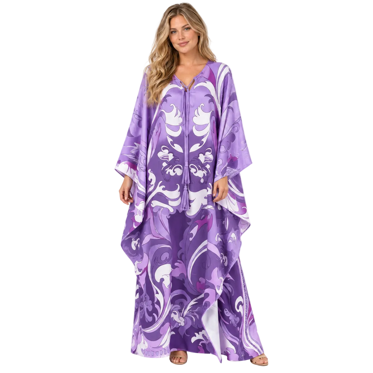 Purple Floral Print Silk Satin Kaftan-1