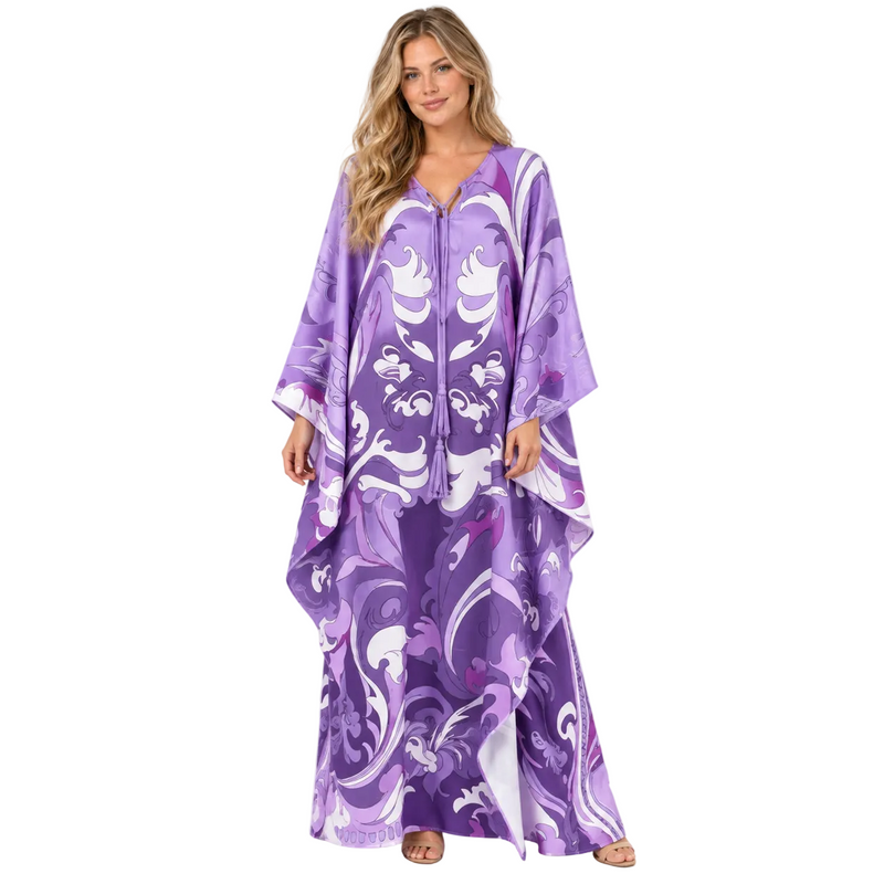 Purple Floral Print Silk Satin Kaftan-1