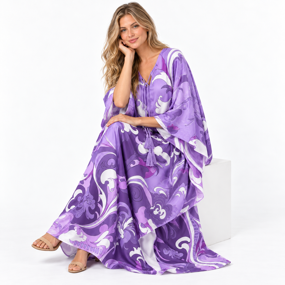 Purple Floral Print Silk Satin Kaftan-3