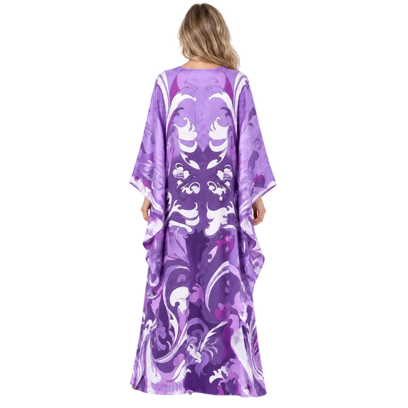 Purple Floral Print Silk Satin Kaftan-4