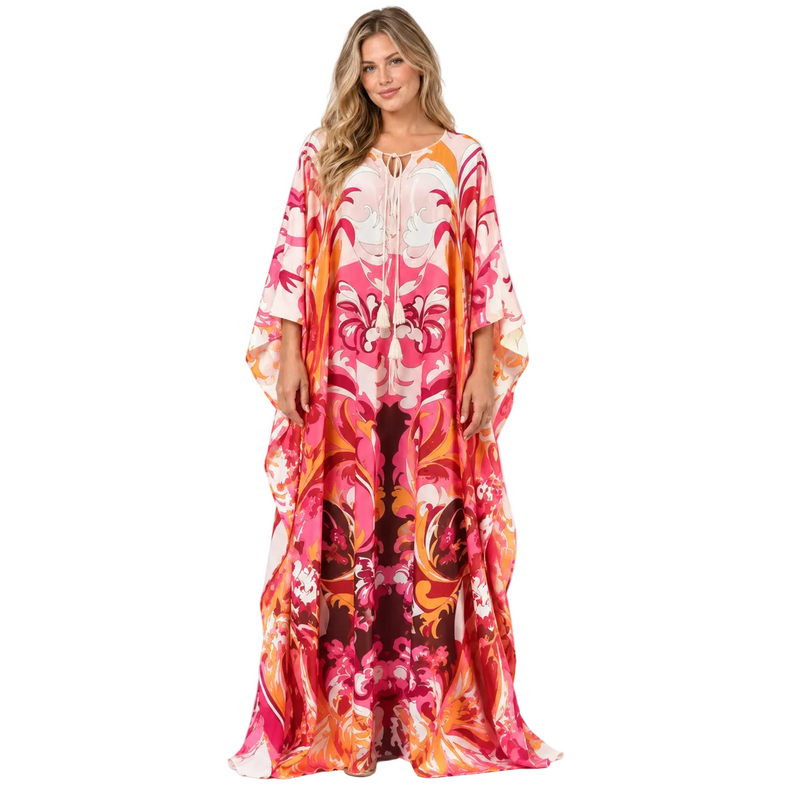 Coral Red Floral Silk Satin Kaftan-1