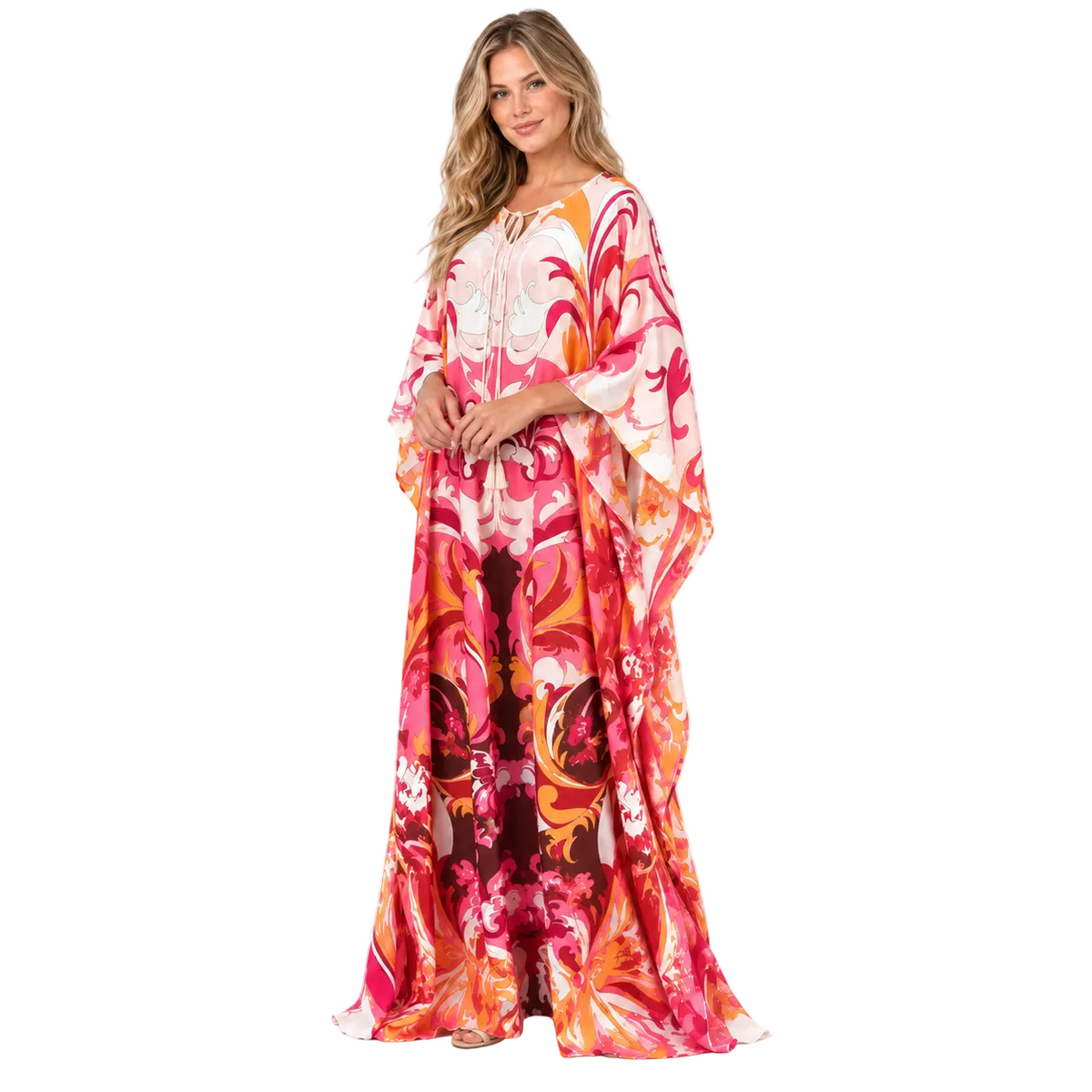Coral Red Floral Silk Satin Kaftan-2