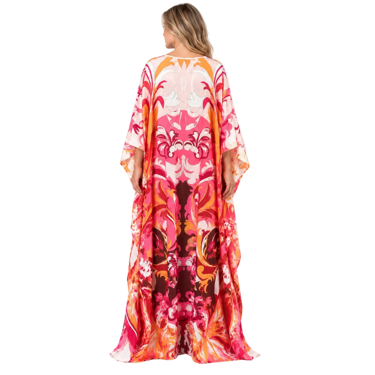 Coral Red Floral Silk Satin Kaftan-4