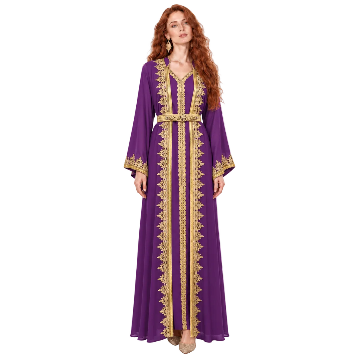 Elegant Purple Gold Embroidered Lebaran Kaftan