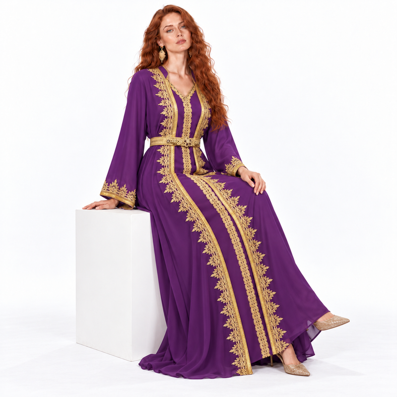 Elegant Purple Gold Embroidered Lebaran Kaftan-2