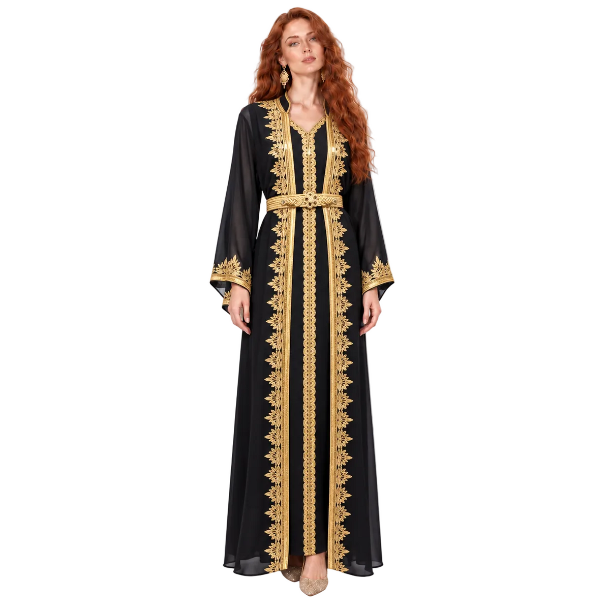 Elegant Black Gold Embroidered Lebaran Kaftan-1