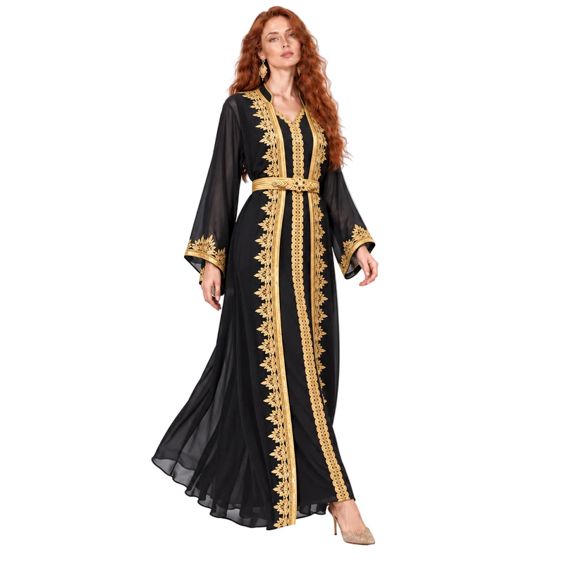 Elegant Black Gold Embroidered Lebaran Kaftan-3