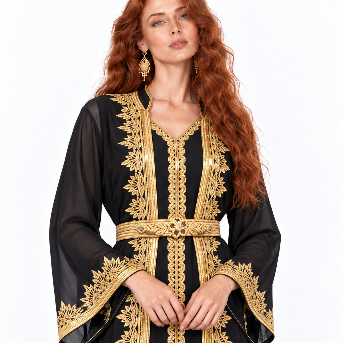 Elegant Black Gold Embroidered Lebaran Kaftan-4