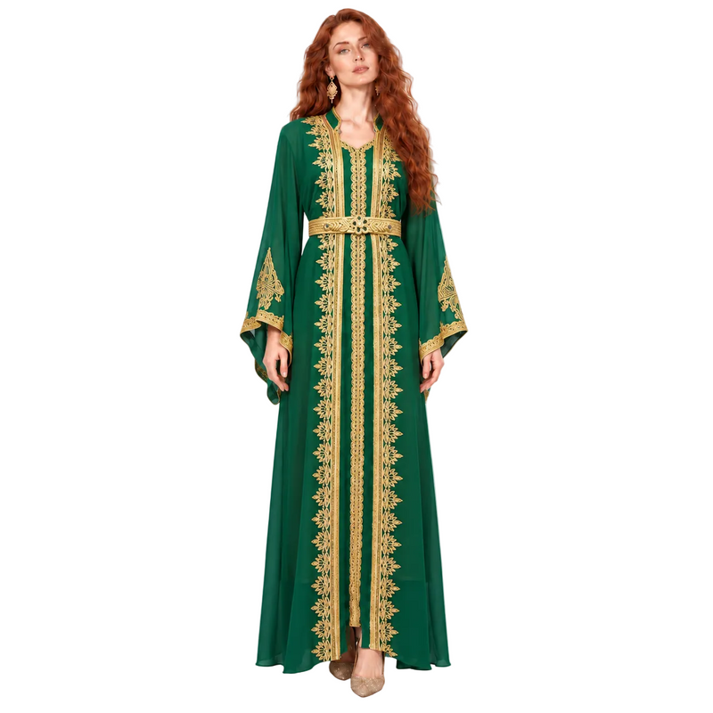Elegant Green Gold Embroidered Lebaran Kaftan-1