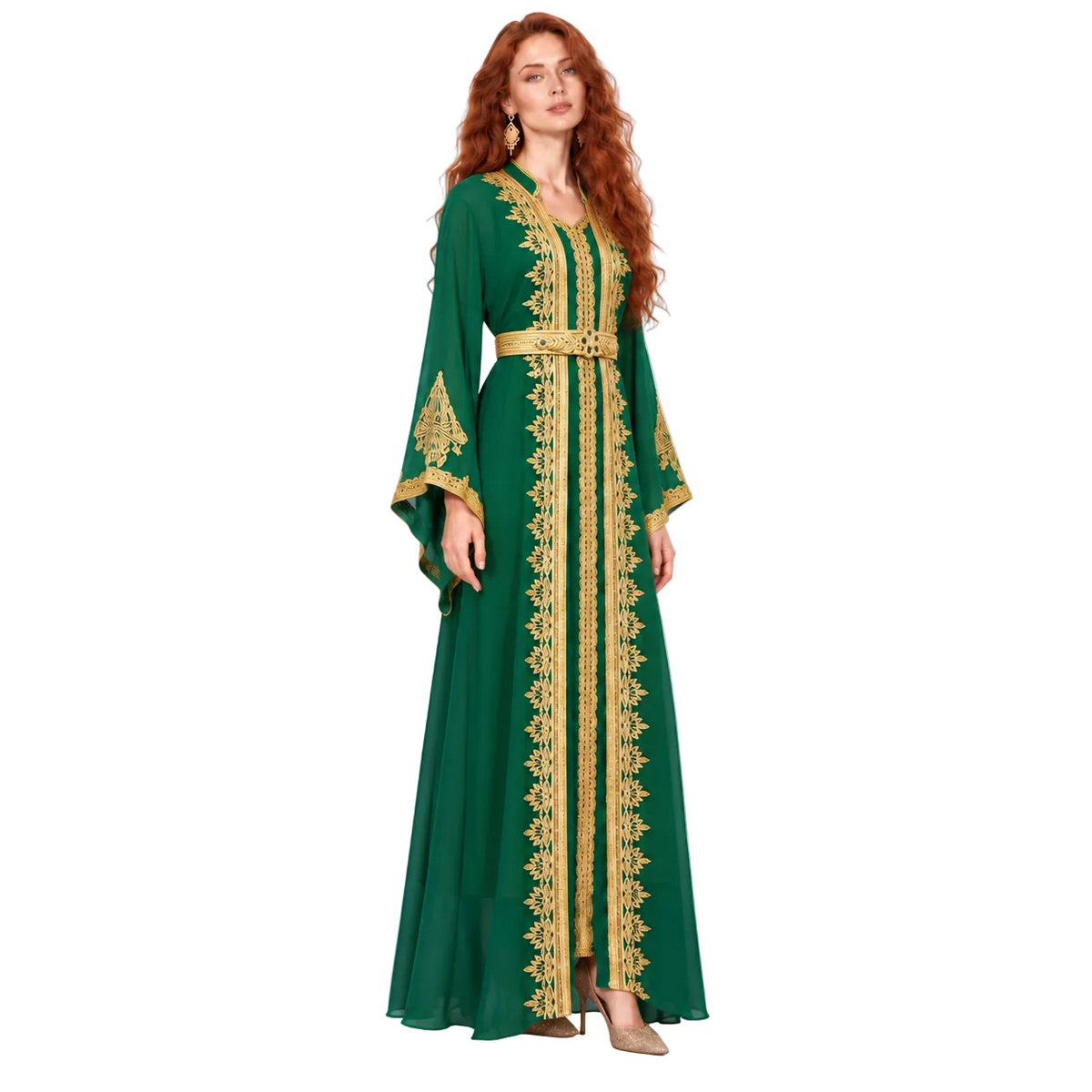 Elegant Green Gold Embroidered Lebaran Kaftan