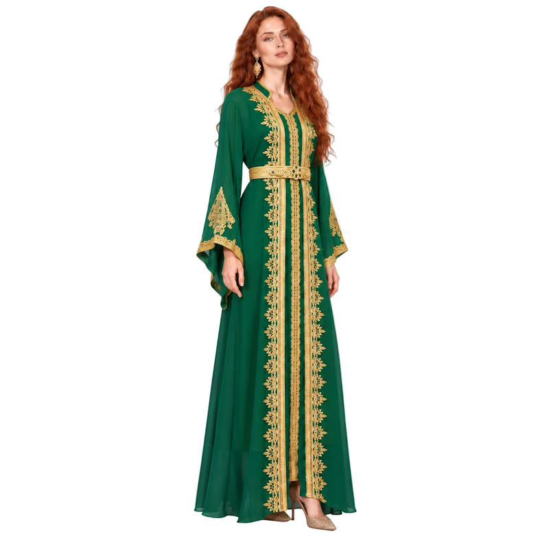 Elegant Green Gold Embroidered Lebaran Kaftan-2