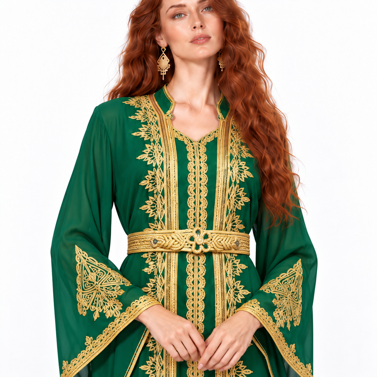 Elegant Green Gold Embroidered Lebaran Kaftan-4
