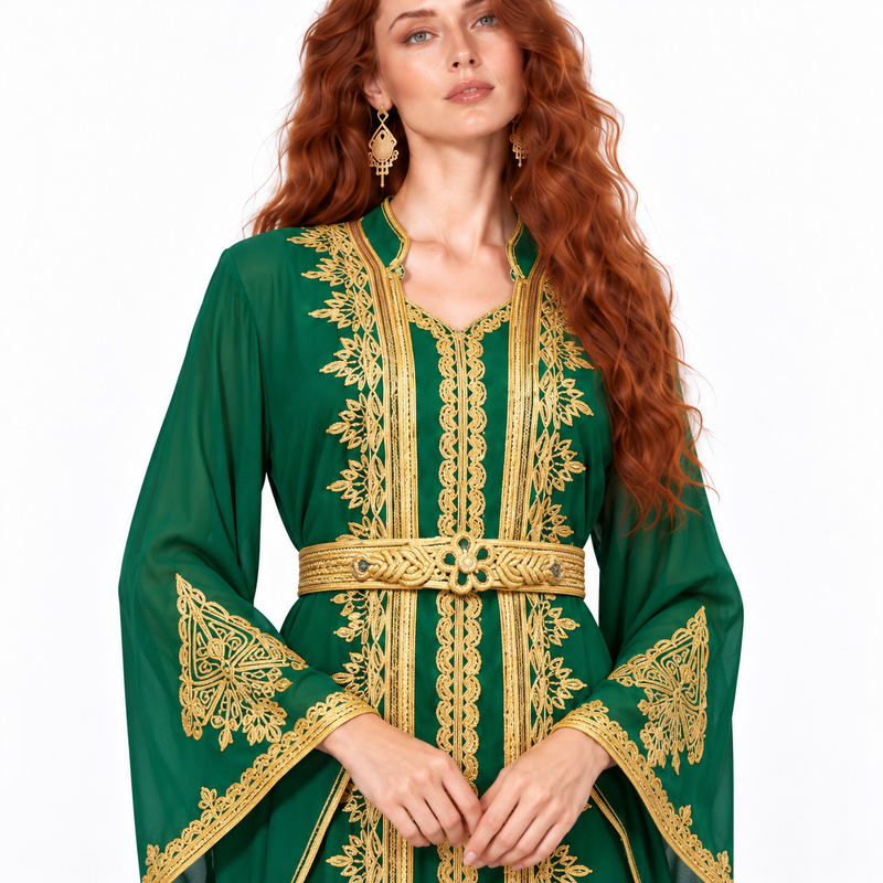 Elegant Green Gold Embroidered Lebaran Kaftan-4