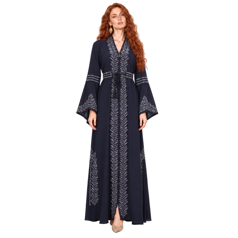 Elegant Navy Blue Embroidered Lebaran Kaftan-1