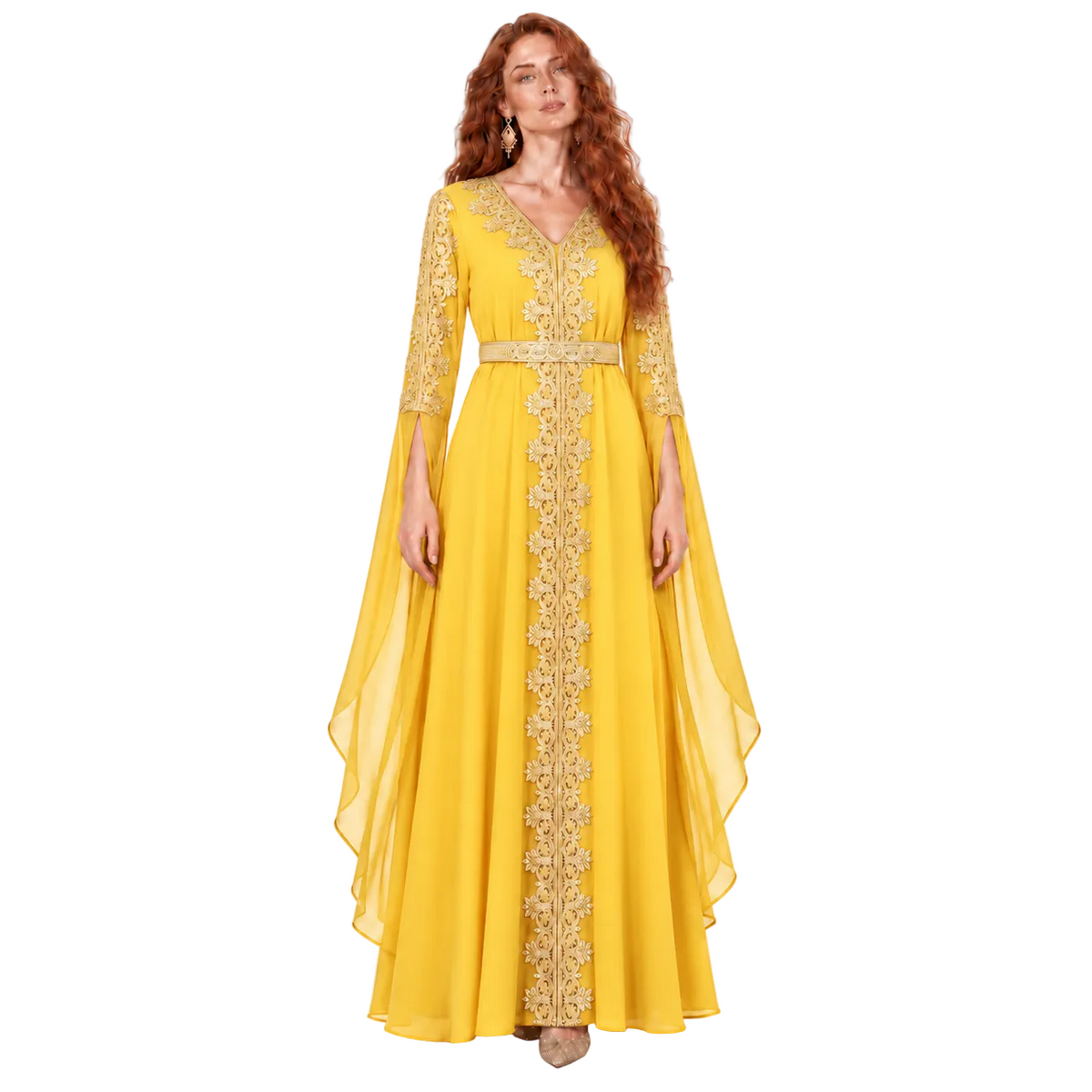 Elegant Yellow Gold Embroidered Luxury Kaftan-1