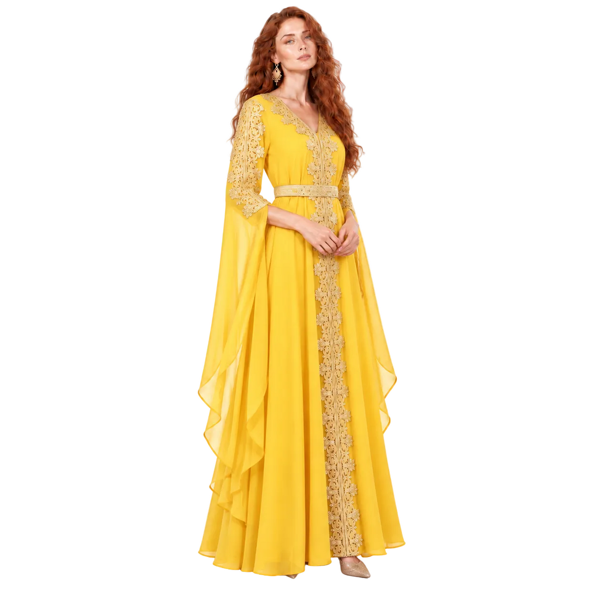 Elegant Yellow Gold Embroidered Luxury Kaftan-2
