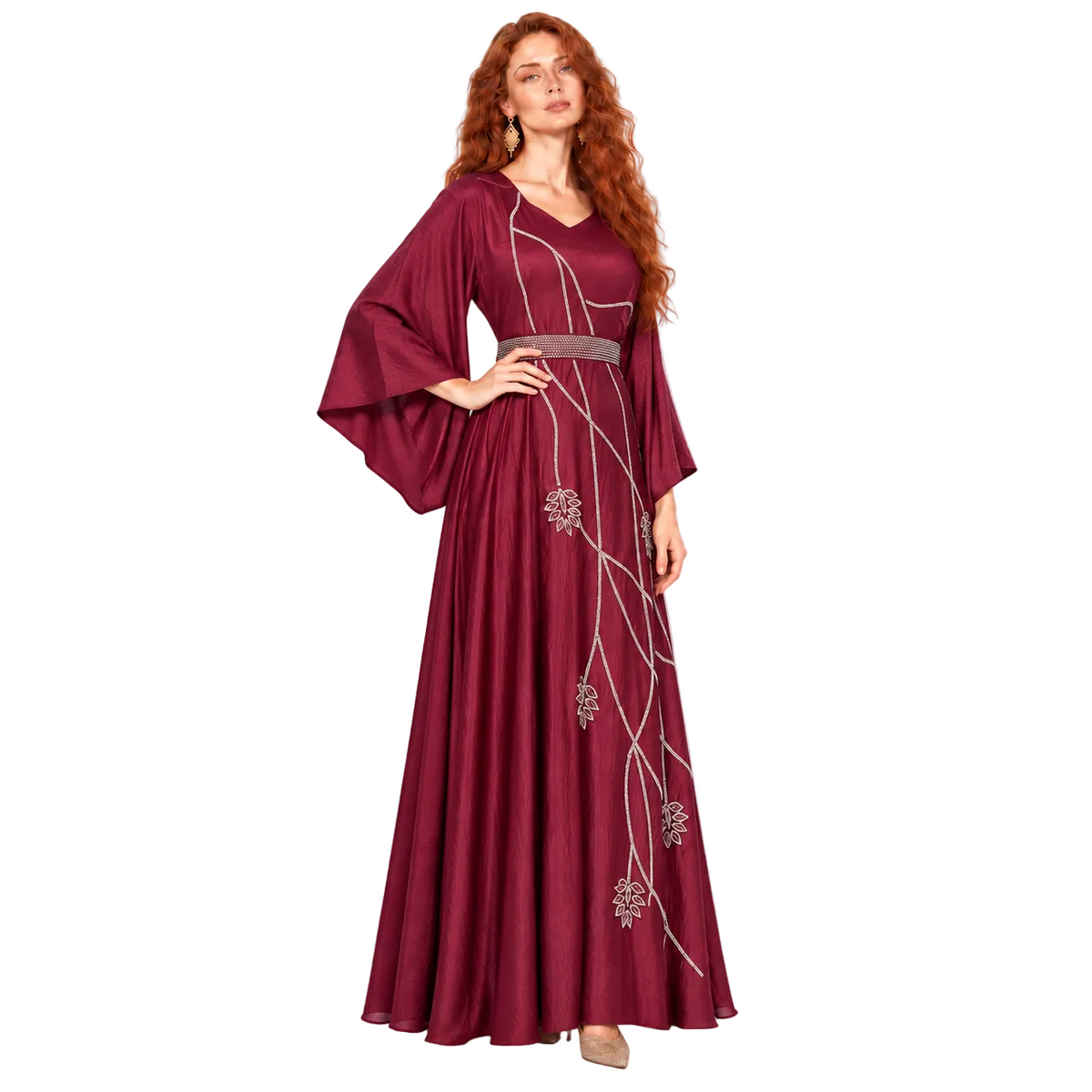 Elegant Burgundy Silver Embellished Lebaran Kaftan Dress-2