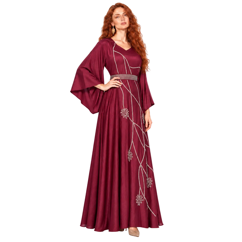 Elegant Burgundy Silver Embellished Lebaran Kaftan Dress-2
