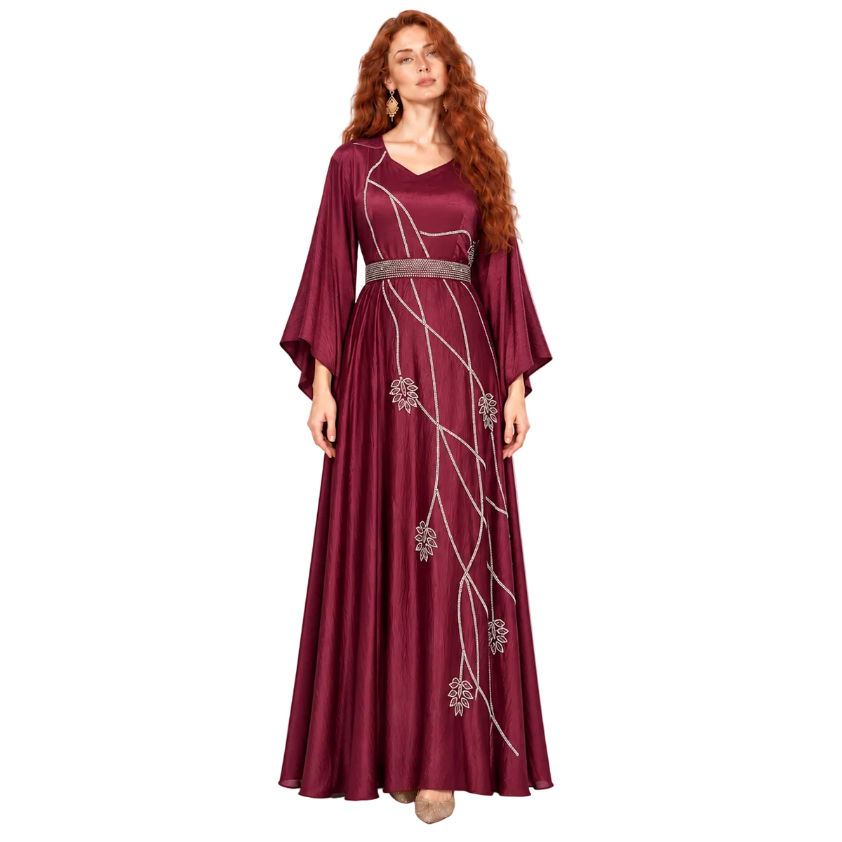 Elegant Burgundy Silver Embellished Lebaran Kaftan Dress-1