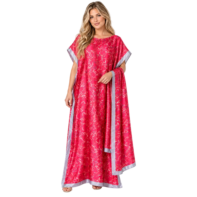 Rose Red Printed Silk Satin Kaftan-1