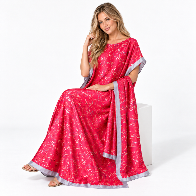 Rose Red Printed Silk Satin Kaftan-2