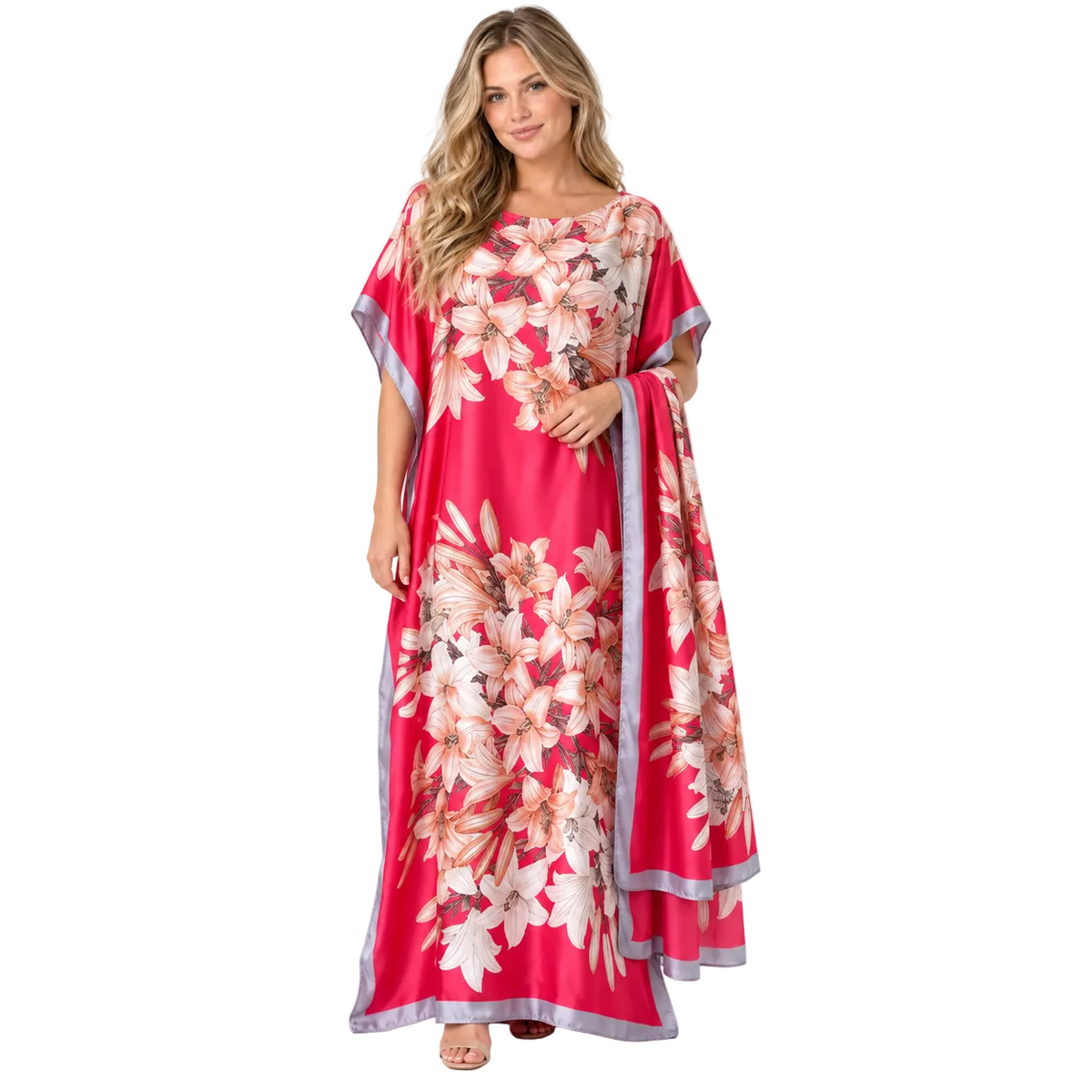 Pink Floral Silk Satin Luxury Kaftan-1