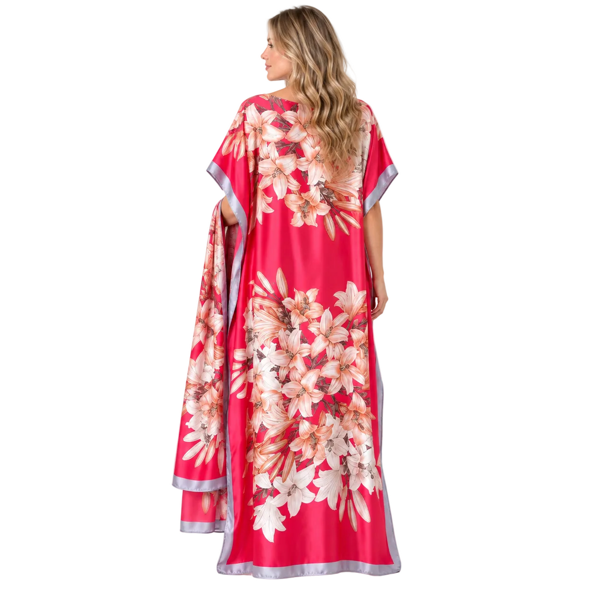 Pink Floral Silk Satin Luxury Kaftan-4